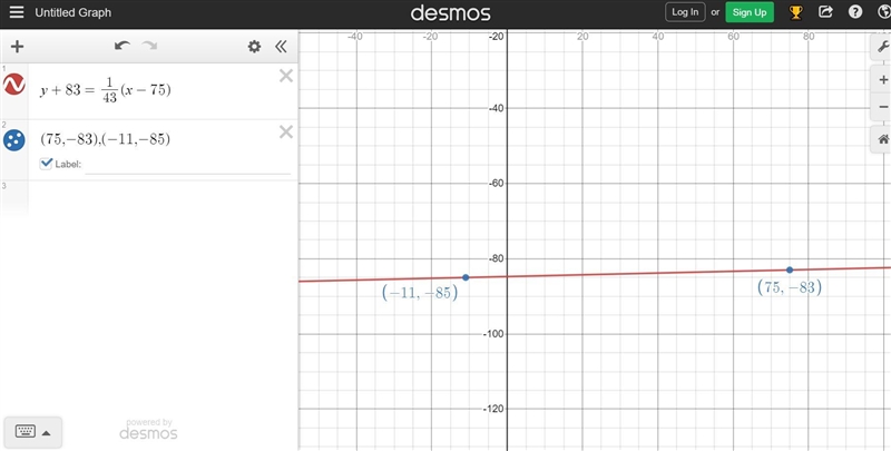 Find the slope of the line that passes through (75, -83) and (-11, -85). please I-example-1