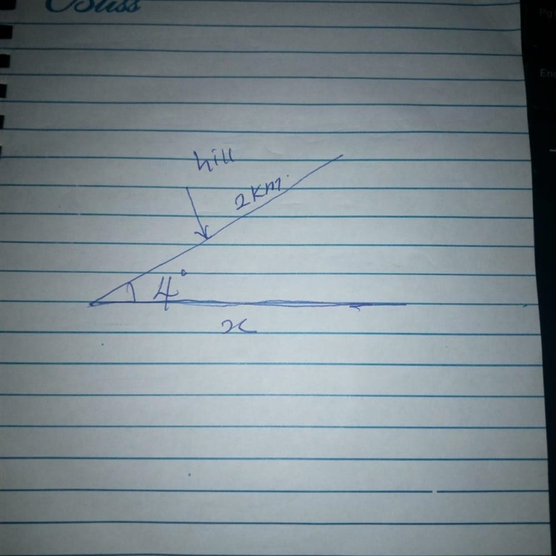 Viola drives 2 kilometers up a hill that makes an angle of 4 degrees with the horizontal-example-1