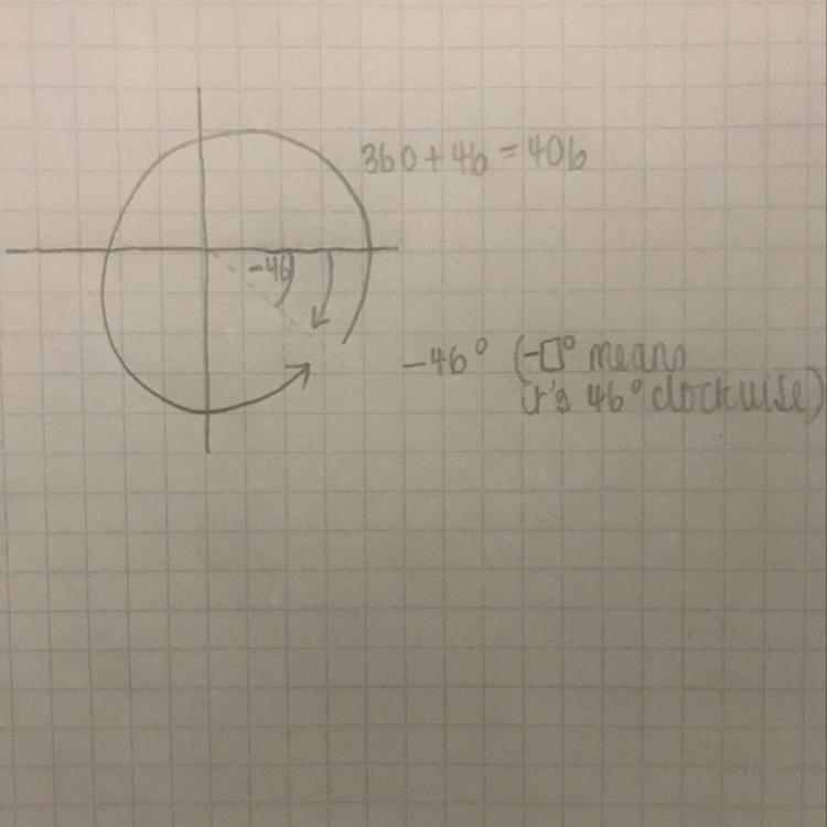 Which of the following angles are co-terminal with −46°? a)674° b)406° c)134° d)226°-example-1