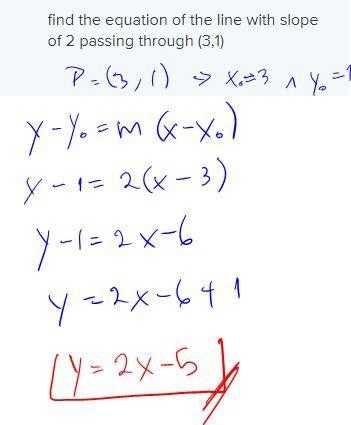 Find the equation of the line with slope of 2 passing through (3,1)-example-1