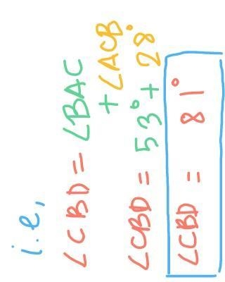 In a triangle ABC, angle BAC = 53° and angle ACB = 28°. If AB is produced to D, find-example-3