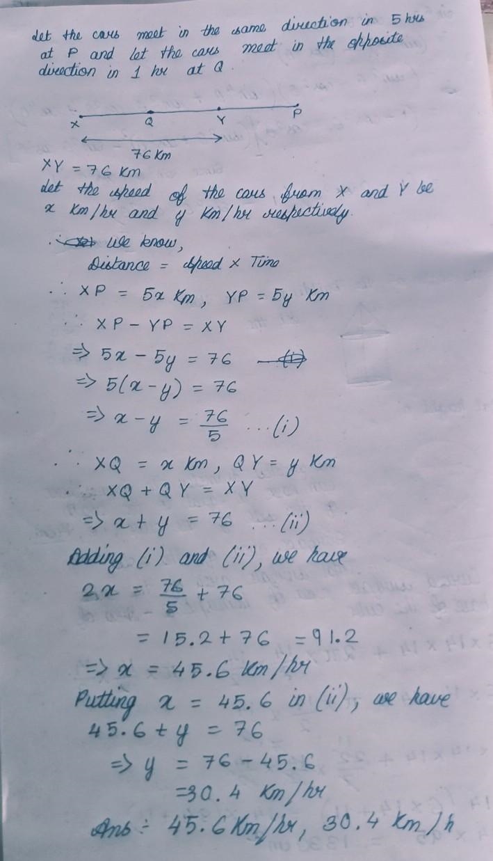 The places X and Y are 76km apart on a highway one car starts from Y and other from-example-1
