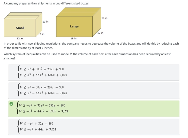 A company prepares their shipments in two different-sized boxes. In order to fit with-example-1