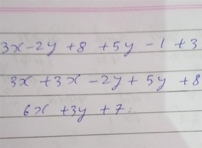 3x - 2y + 8 (5y - 1 + 3x) Add the polynomials-example-1