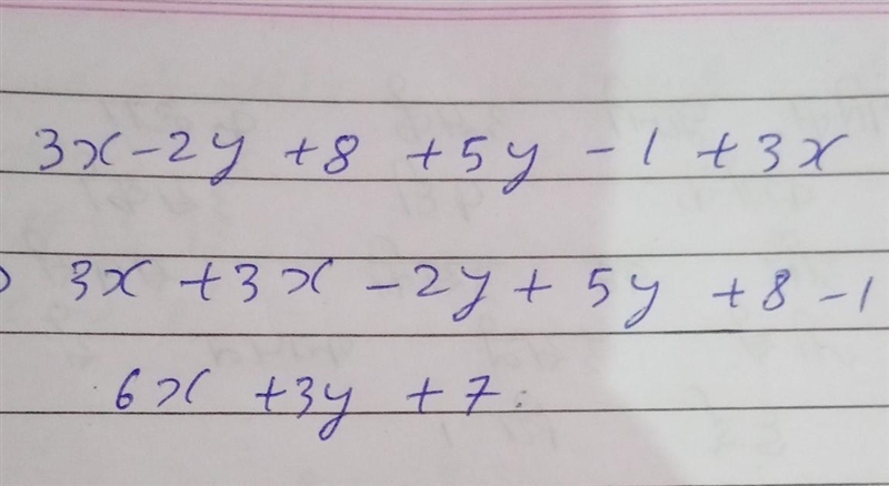 3x - 2y + 8 (5y - 1 + 3x) Add the polynomials-example-2