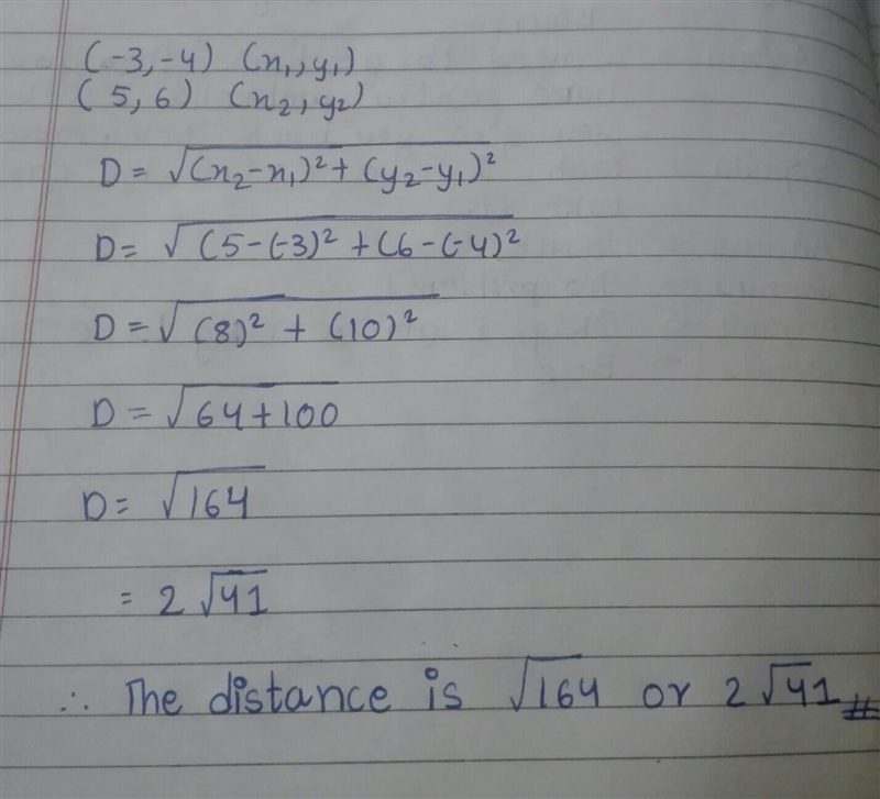 What is the distance between (-3,-4) and (5,6).-example-1