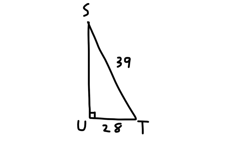 In ΔSTU, the measure of ∠U=90°, TU = 28 feet, and ST = 39 feet. Find the measure of-example-1