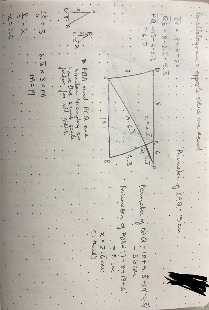 ABCD- parallelogram, If the perimeter of Triangle CPQ is 15cm, Find the perimeter-example-1