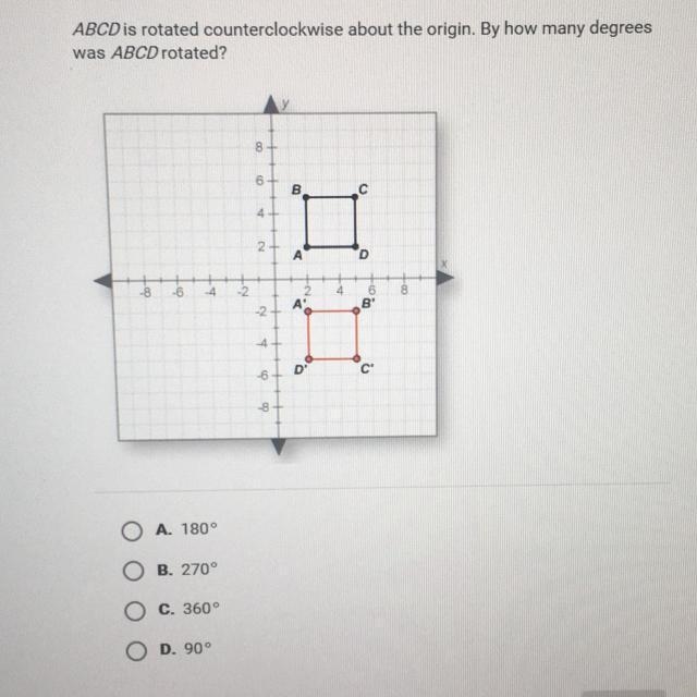 Abcd is rotated counterclockwise about the origin.By how many degrees was abcd rotated-example-1