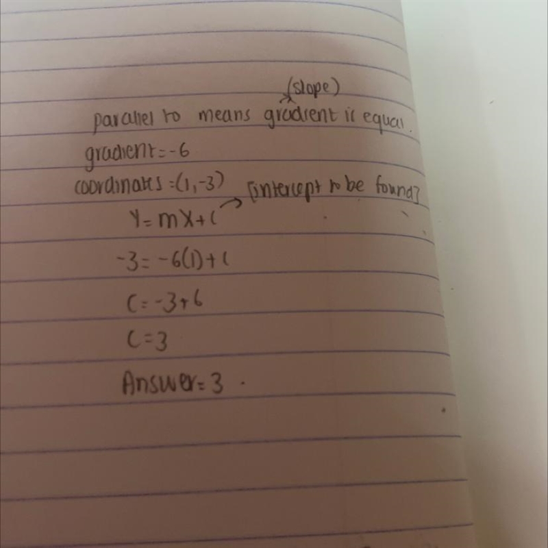 What is the slope intercept of a lina through (1,-3), parallel to y=-6x-2-example-1