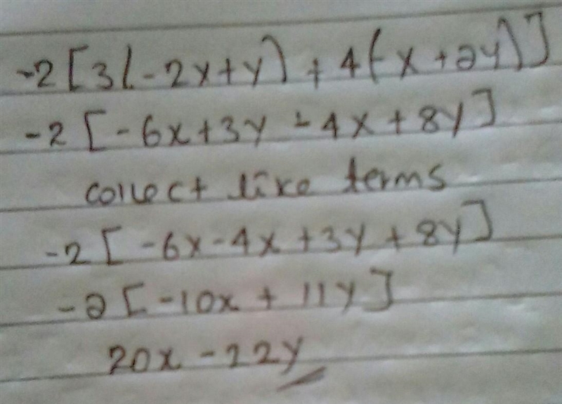 -2 [ 3 ( - 2x + y ) + 4 ( -x + 2y ) ] =-example-1