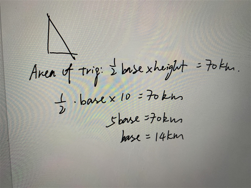 A triangle has an area of 70 square kilometers and a height of 10 kilometers.what-example-1