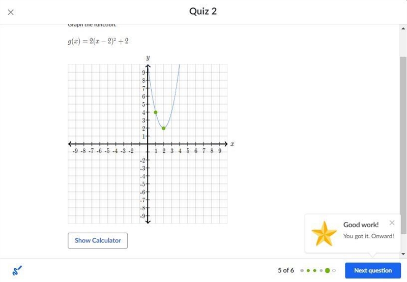 Graph the function. g(x)=2(x-2)^2+2g(x)=2(x−2) 2 +2-example-1