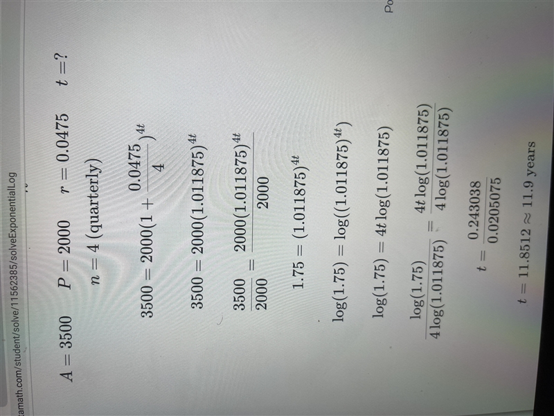 A person invests 2000 dollars in a bank. The bank pays 4.75% interest compounded quarterly-example-1