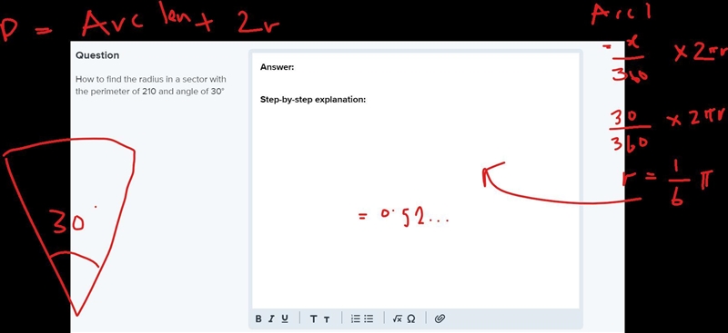 How to find the radius in a sector with the perimeter of 210 and angle of 30°-example-1