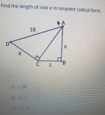 Find the length of side x I simplest radical form​-example-1