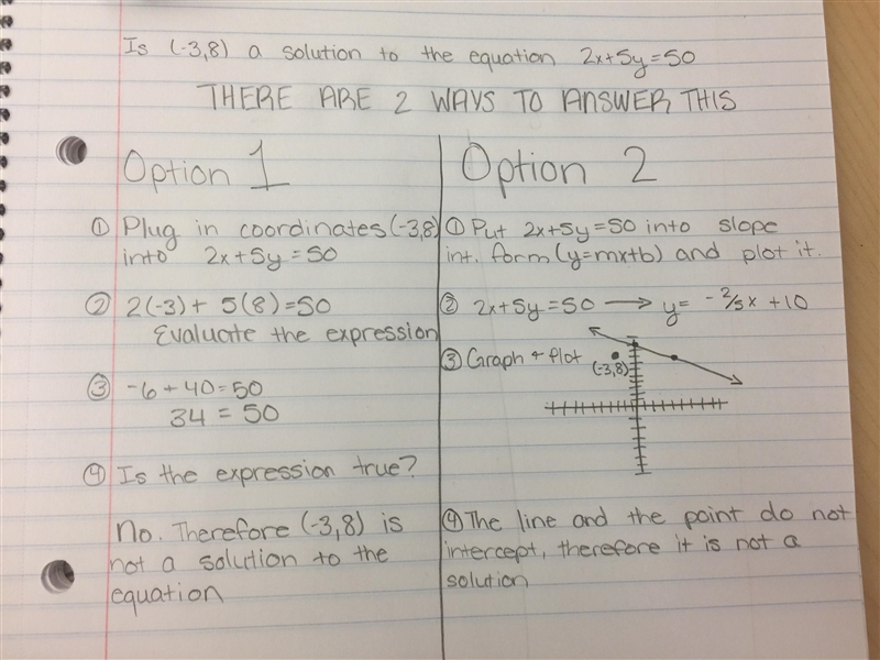 Is (-3, 8) a solution to the equation 2x+5y=50? Show or explain how you know.-example-1