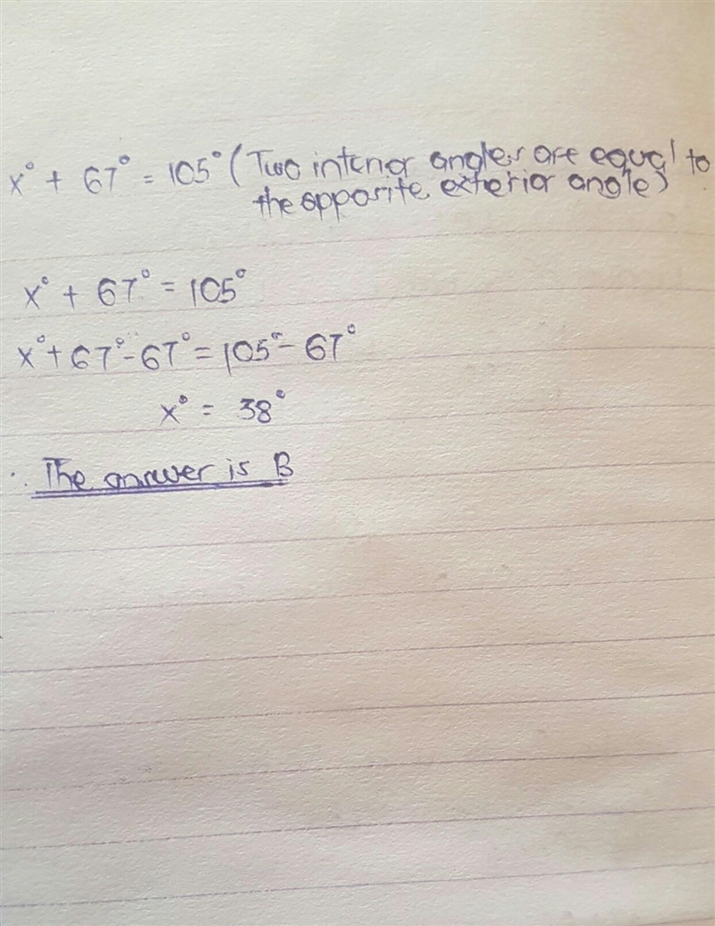 Find the value of x. 105 87" A C A. 670 B. 380 Ins C. 23° ОО D. 339-example-1