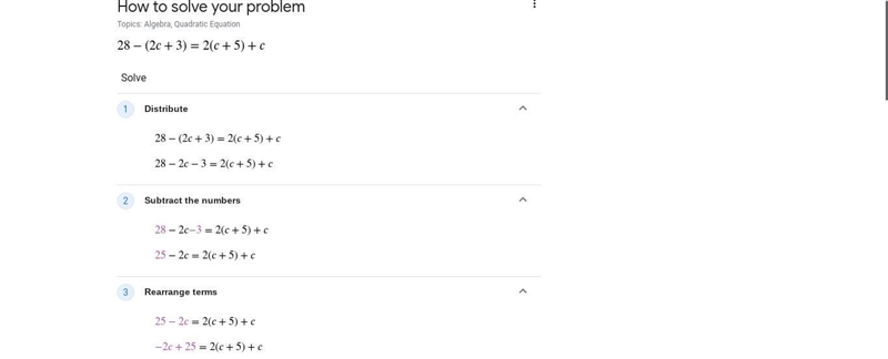 What is the answer of c 28-(2c+3)=2(c+5)+c-example-3