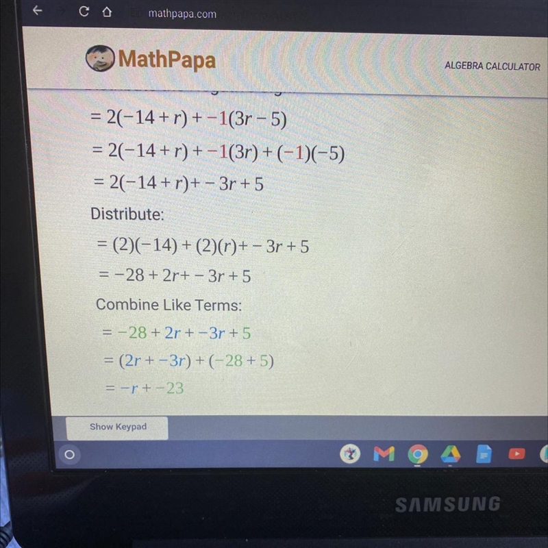 What is 2(−14+r)−(−3r−5) simplifyed-example-1