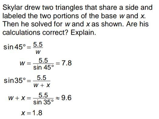 Skylar drew two triangles that share a side and labeled the two portions of the base-example-2