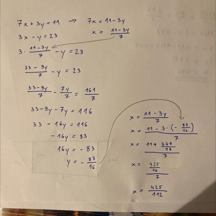 7x+3y=11 3x-y=23 Solve by substitution-example-1