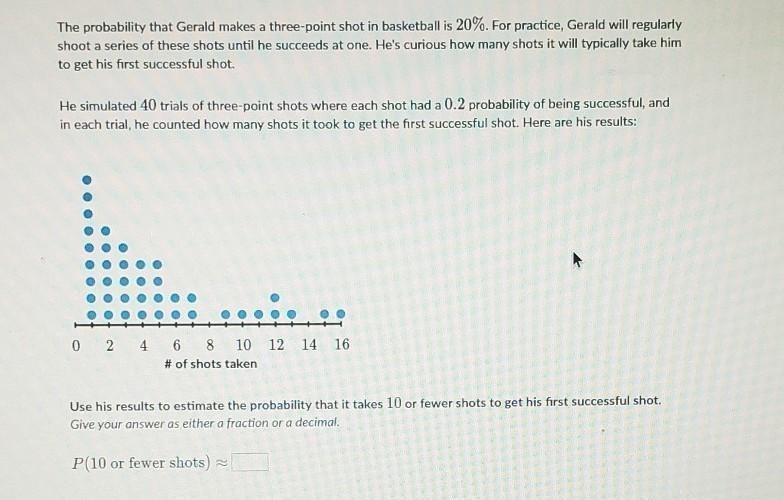 The probability that Gerald makes a three-point shot in basketball is 20\%20%20, percent-example-1