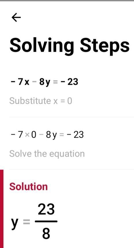 Solve the following system of equations. 4x + 7y= 18 - 7x - 8y = -23 X = y =-example-1