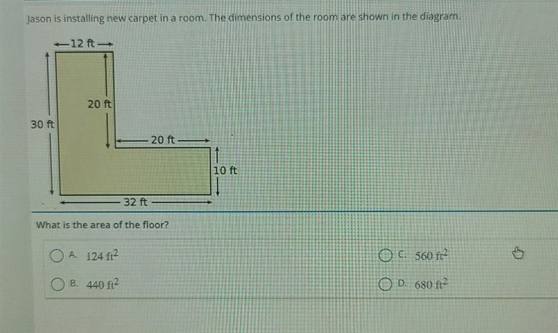 Jason is installing new carpet In a room. The dimensions of the room are shown in-example-1