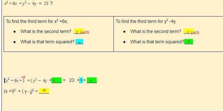 Fill in the blanks, solve x2+6x +y2- 4y = 23-example-1