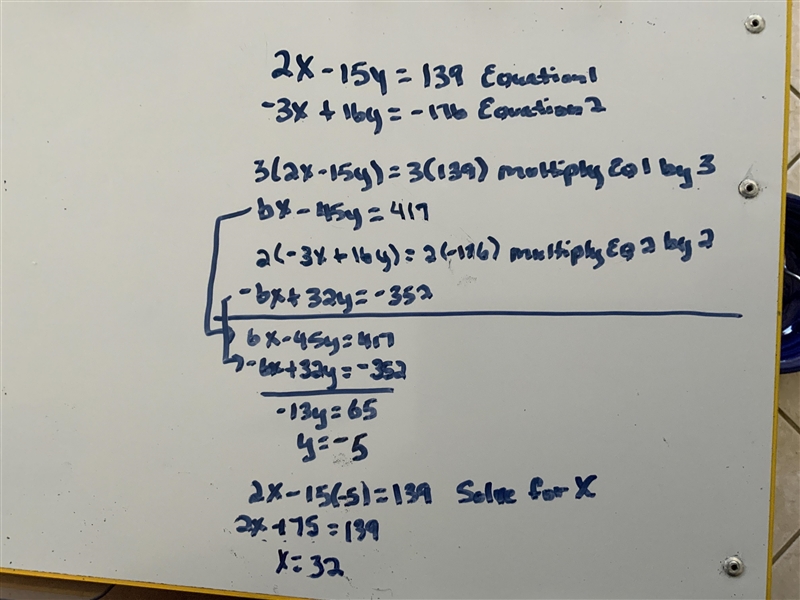 Given the following system of equations, solve for 'x' and 'y. 2x - 15y = 139 -3x-example-1