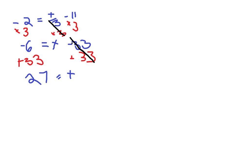 How do you solve -2 = t/3 - 11?-example-1