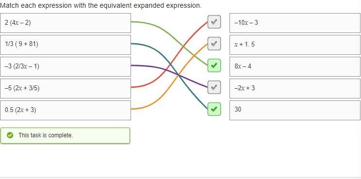 Match each expression with the equivalent expanded expression. 0.5 (2x + 3) - 10x-example-1