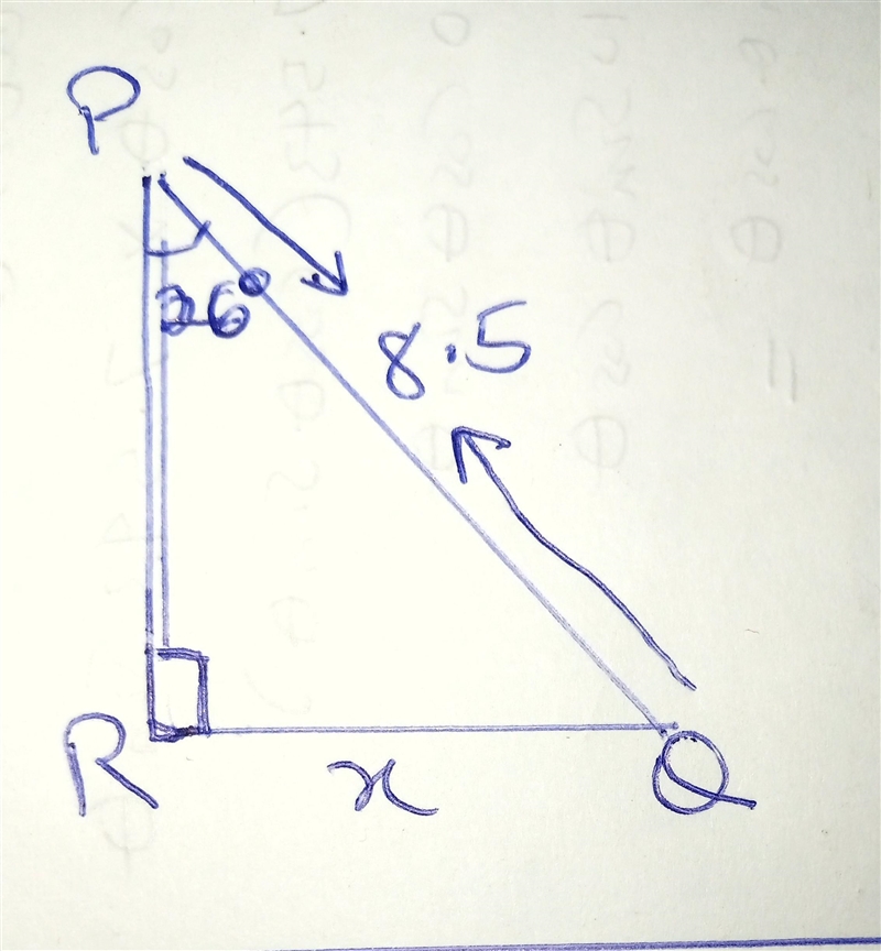 In ΔPQR, the measure of ∠R=90°, the measure of ∠P=26°, and PQ = 8.5 feet. Find the-example-1