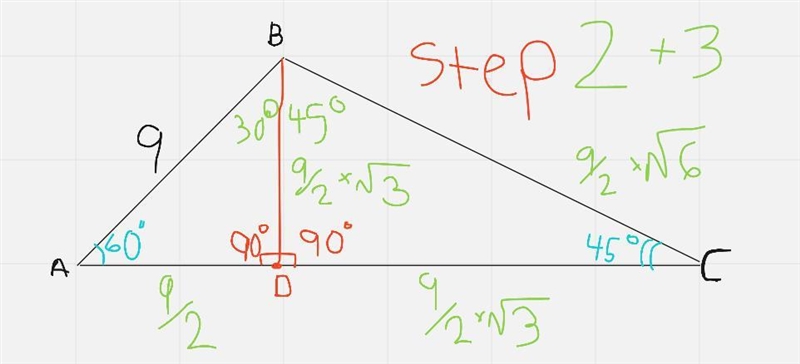 Given: △ABC, m∠A=60°, m∠C=45°, AB=9 Find: Perimeter of △ABC, Area of △ABC-example-2