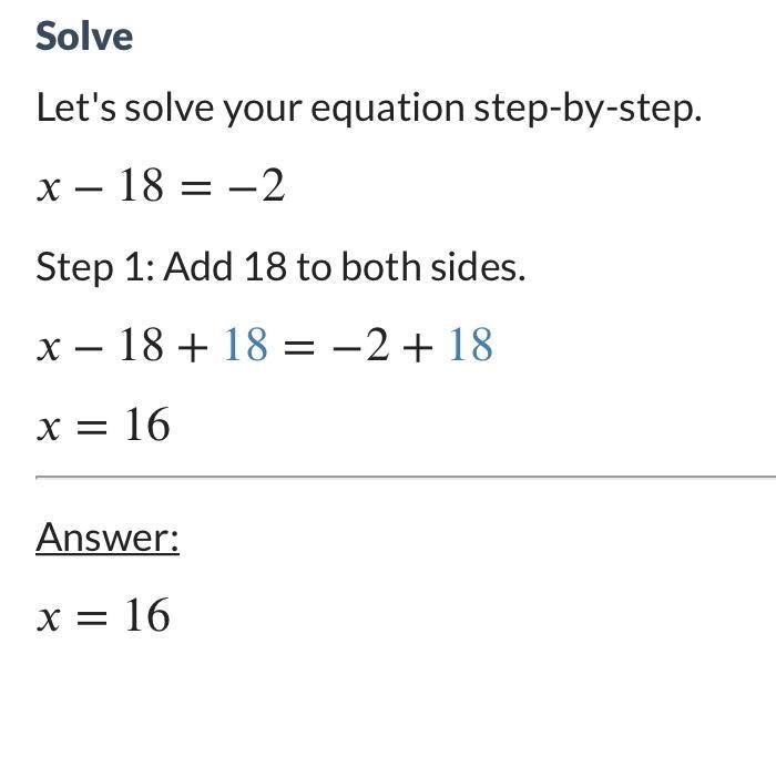 What is x - 18 = -2 ?-example-1