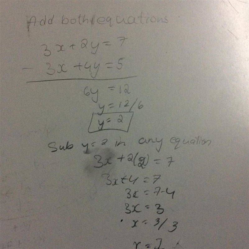 Solve the linear system of equations 3x+2y=7 -3x+4y=5 X= Y=​-example-1