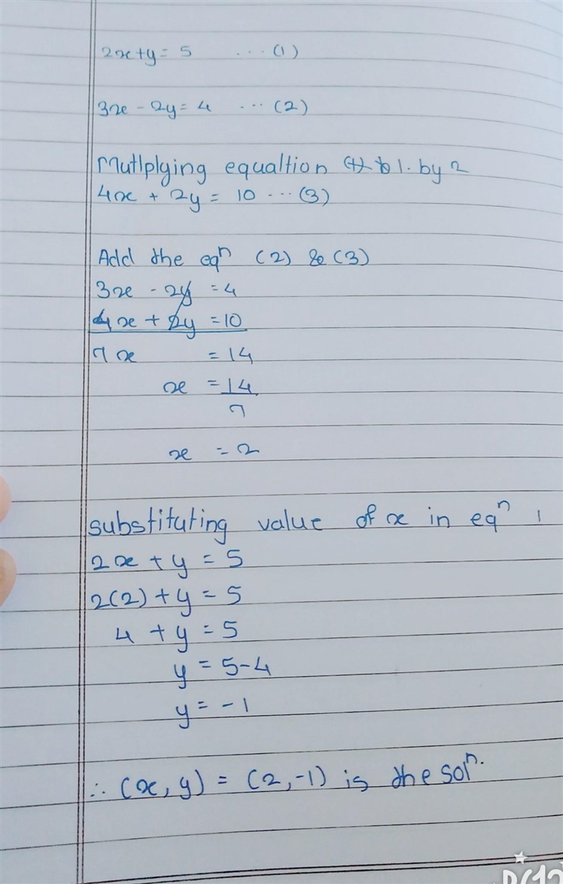 Solve the system of equations. 2y-y=5 and 3x+2y=4-example-1