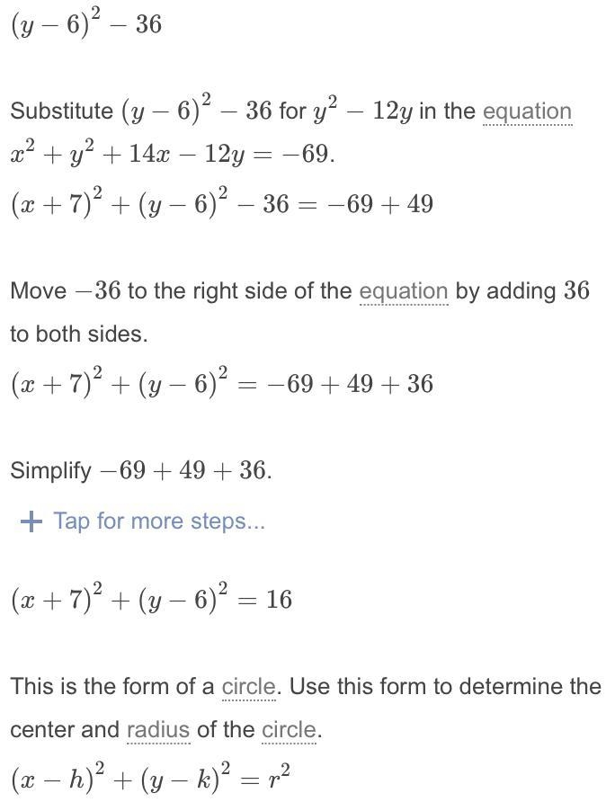 Determine the center and radius of the following circle equation: x2 + y2 + 14x – 12y-example-3