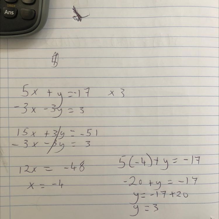 Solve the system by substitution. 5x+y=−17 −3x−3y=3-example-1