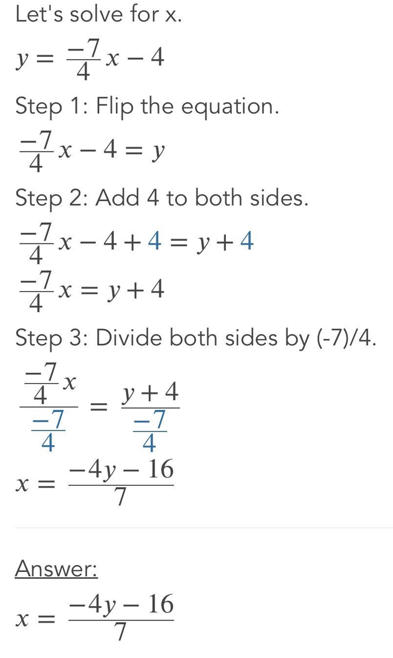 Find the solution to the system of equations using graphing y = -7/4x - 4 y = - 1/4x-example-1