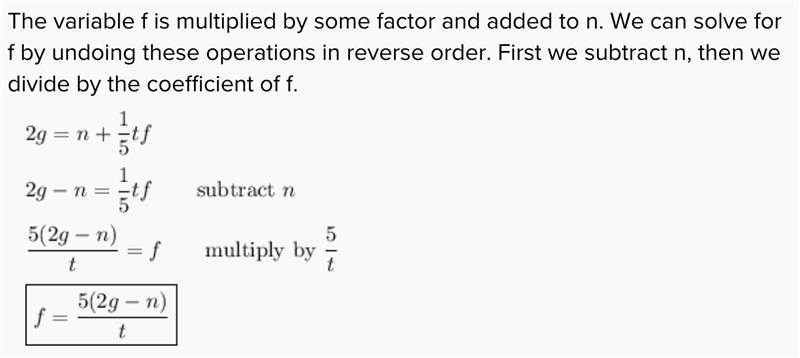 Solve the following equation for F. 2g=n+1/5tf-example-1