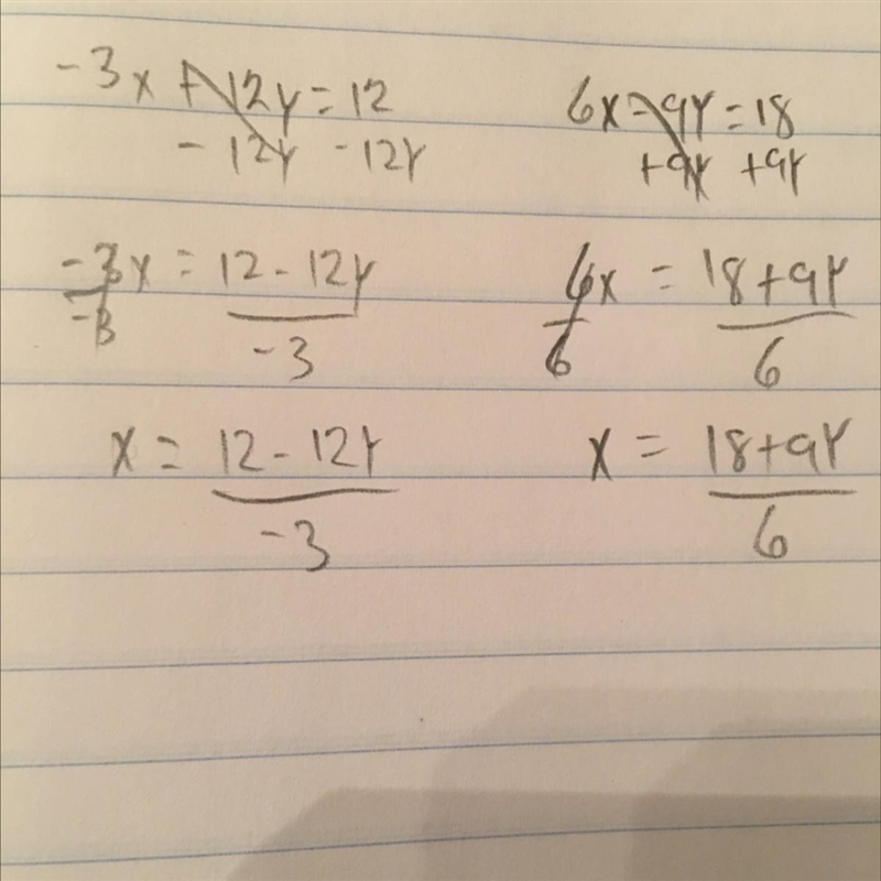 How to isolate the varible ‘x’ Show work. -3x + 12y = 12 6x - 9y = 18 -6x + 2y = -4 6x-example-1