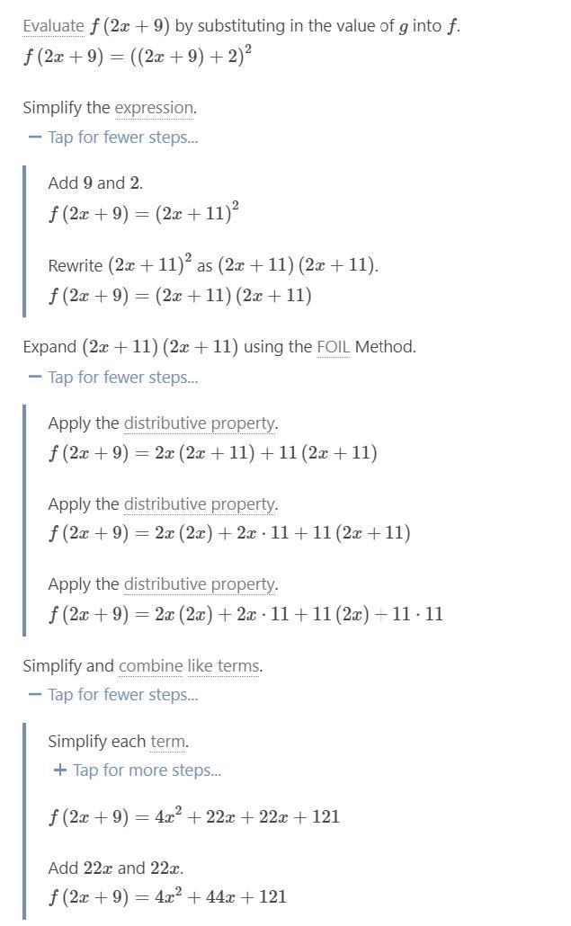 Given f(x) = (x + 2)2 and g(x) = 2x + 9, find (f.g)(x)-example-1