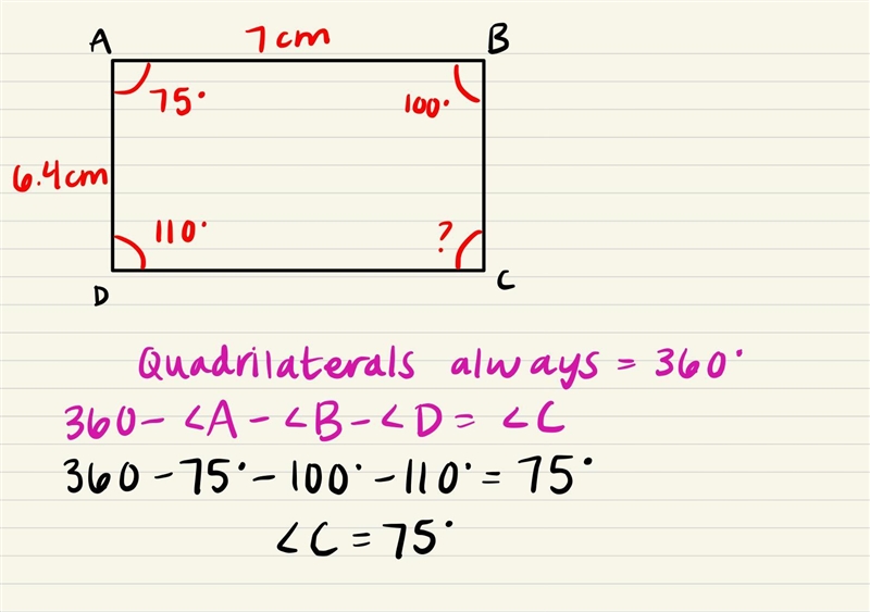 Construct a quadrilateral ABCD, where AB = 7 cm, AD = 6.4 cm, angle A = 75°, angle-example-1