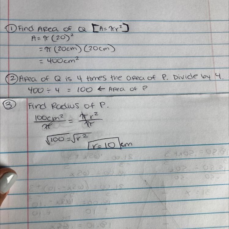 P is in the shape of a circle. Q is in the shape of a quarter circle of radius 20 cm-example-1