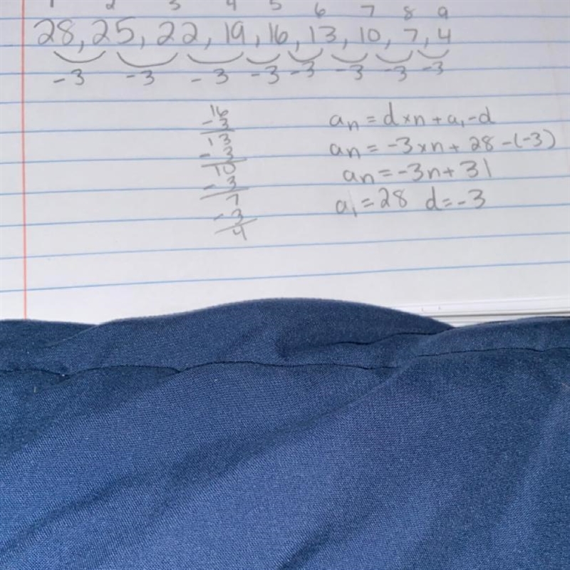 What is the nth term for this linear sequence 28,25,22,19,16-example-1