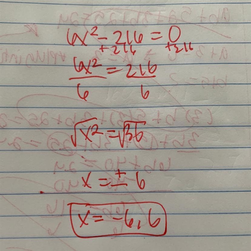 What are the solutions of 6x2 − 216 = 0? A. −36, 0 B. −6 C. −6, 6 D. −1296, 1296-example-1