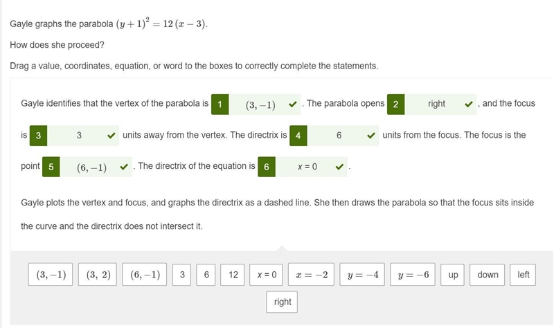 Gayle graphs the parabola (y + 1)2 = 12 (x – 3). How does she proceed? Drag a value-example-1