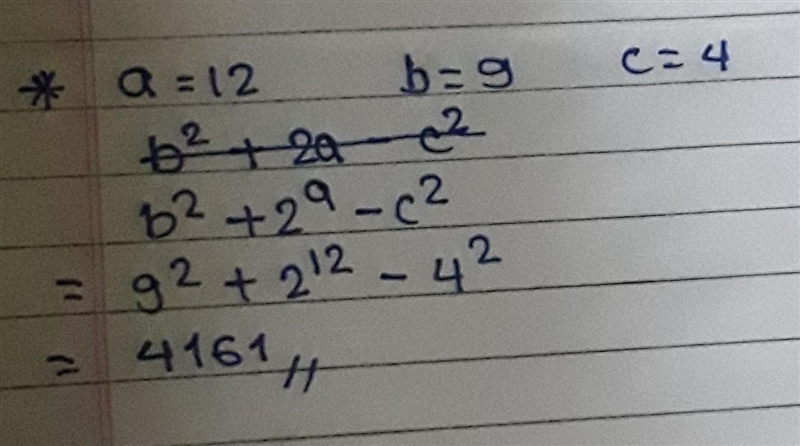 Evaluate each expression if a=12, b=9, and c=4 b^2+2^a-c^2=?-example-1